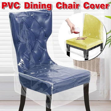 PVC dining chair cover on a blue chair with text overlay