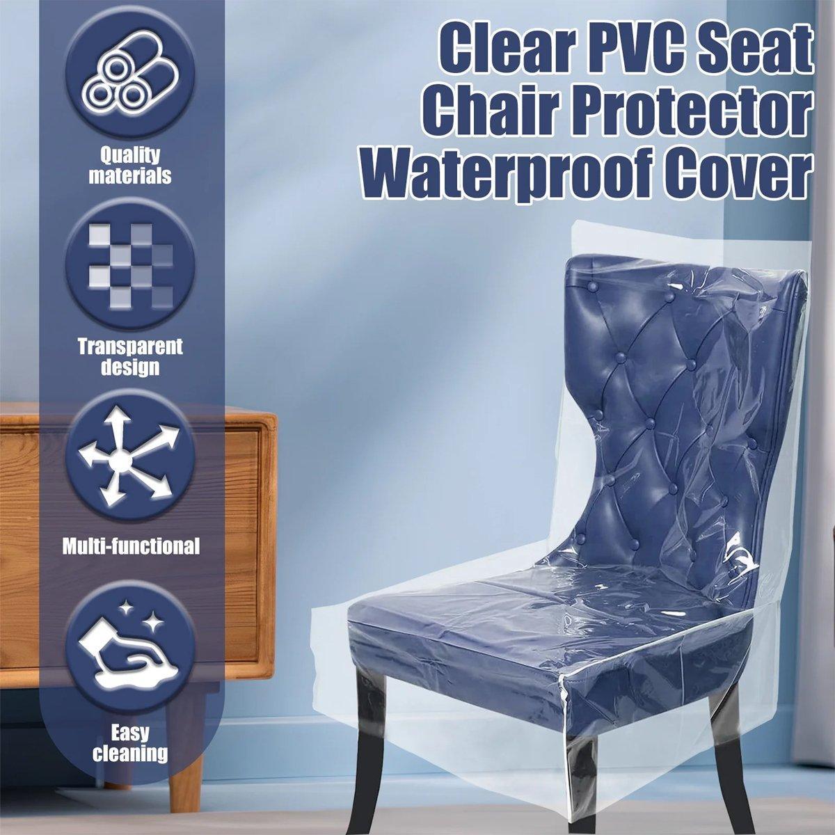 Clear PVC seat chair protector with blue background and text highlighting features.