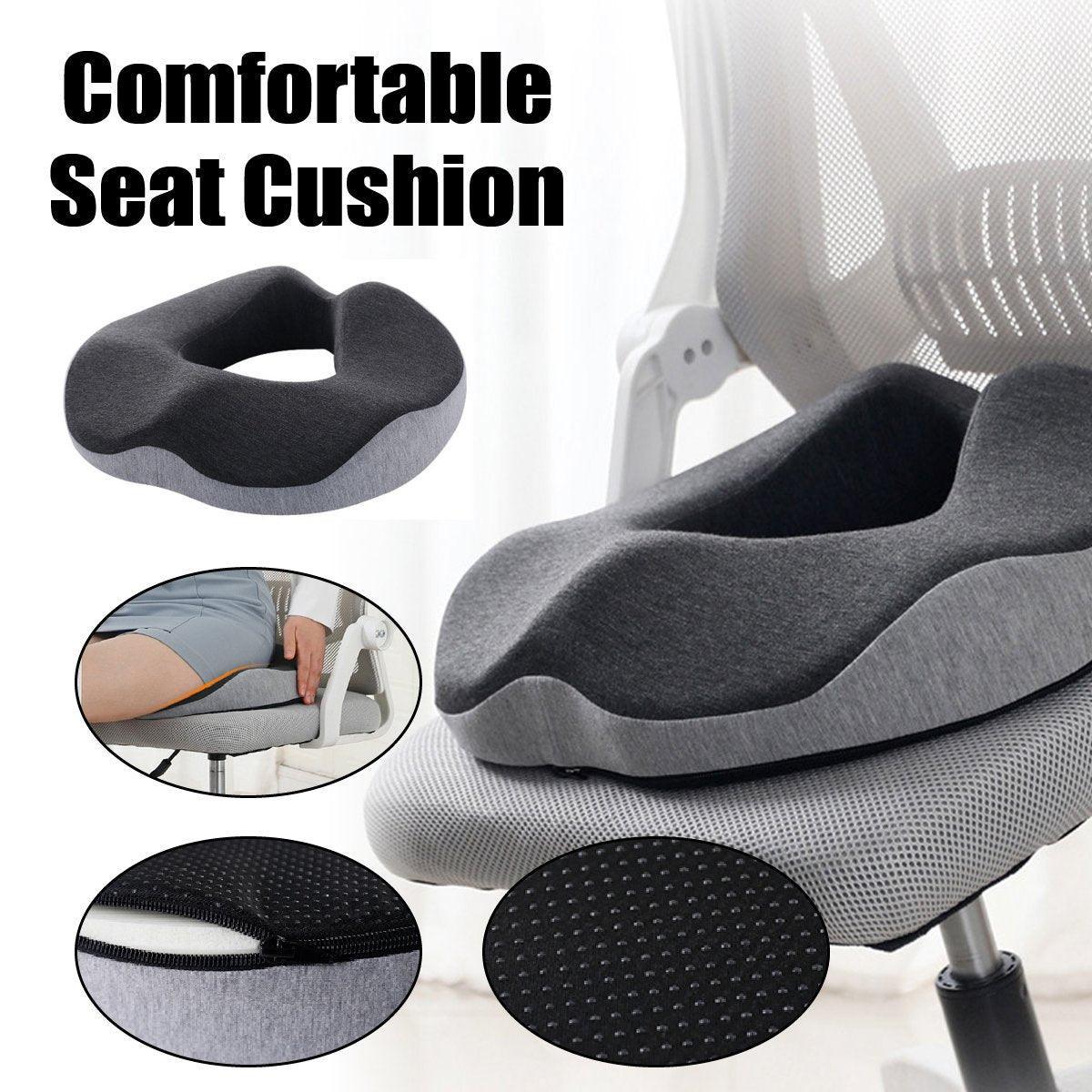 Gray seat cushion on a chair with close-up insets showing its texture and how it fits.