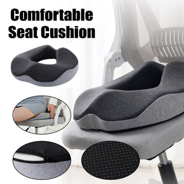 Gray seat cushion on a chair with close-up insets showing its texture and how it fits.