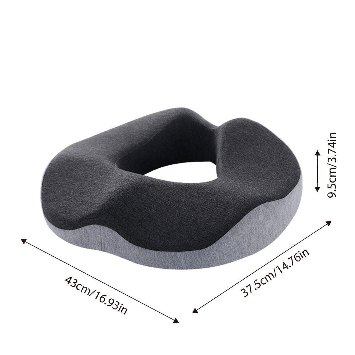 Gray neck pillow with measurements on a white background