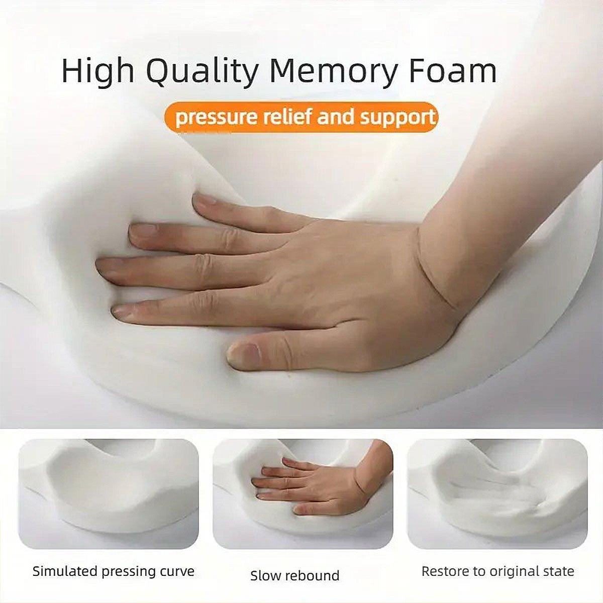 Hand pressing into high quality memory foam with text highlighting pressure relief and support.