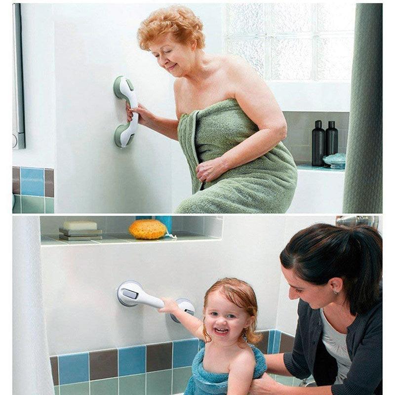 Woman using a grab bar in a bathroom, followed by a child using it with an adult's assistance.