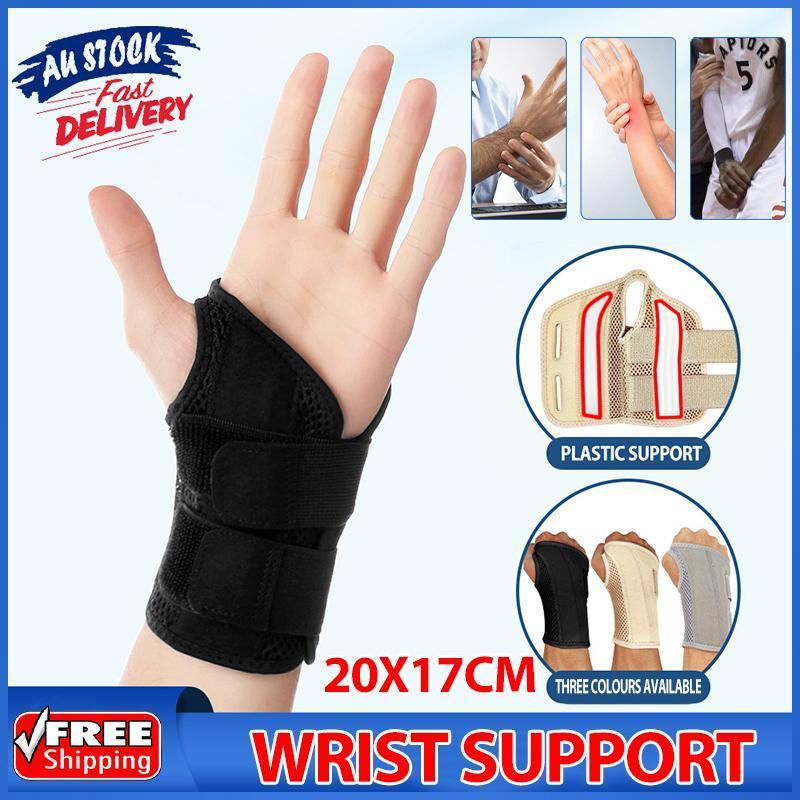 Black wrist support brace on a hand with promotional text and images of people using it.