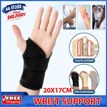 Black wrist support brace on a hand with promotional text and images of people using it.