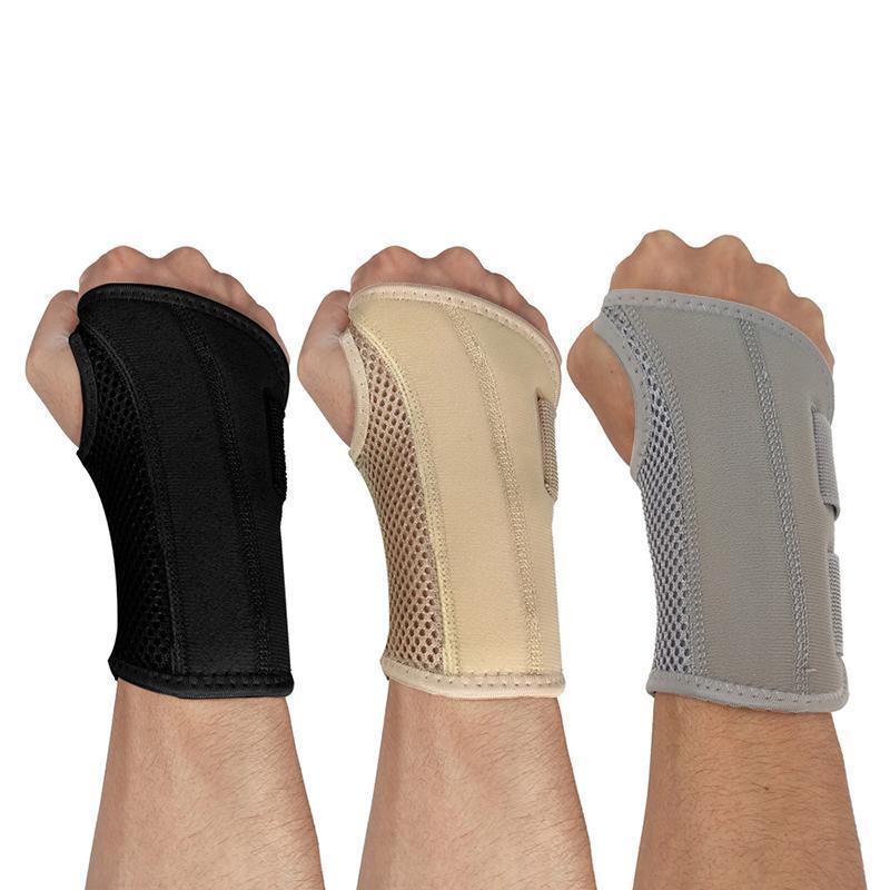 Three wrist supports in black, beige, and gray on a white background