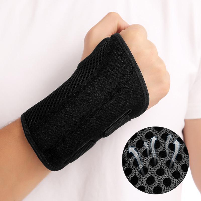 Black wrist support brace worn by a person on a white background with close-up of material texture.