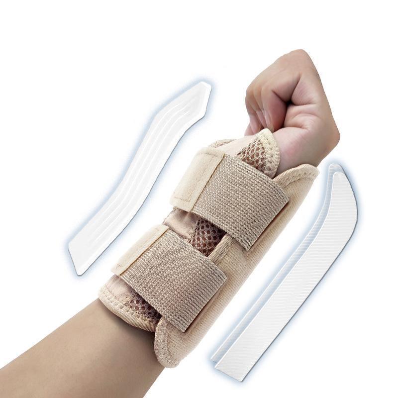 Hand wearing a beige wrist support brace on a white background