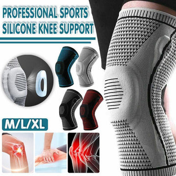 Silicone knee support with various sizes shown, highlighting its use for professional sports.