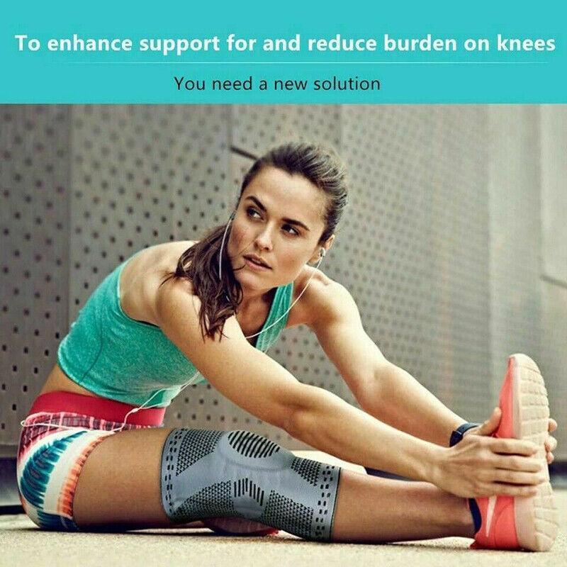 Woman stretching with a knee brace on, promoting support for knees.
