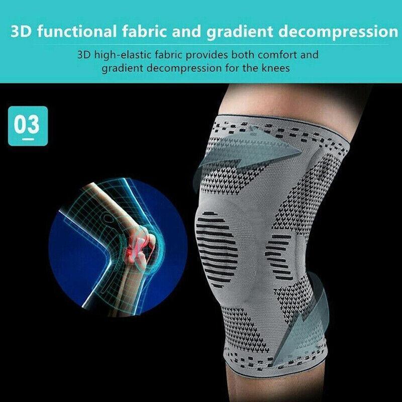 Gray knee brace with 3D design on a black background, highlighting its features.