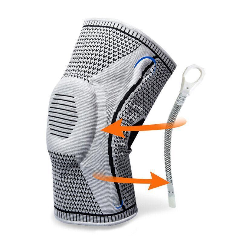 Gray knee brace with a strap on a white background