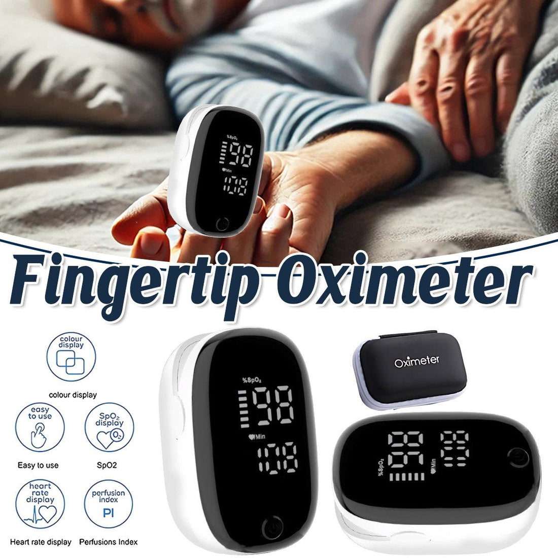 Fingertip oximeter being used with a person's hand, surrounded by product images and features.