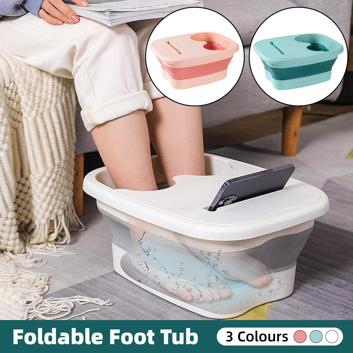 Foldable foot tub being used by a person with inset images of pink and green versions.