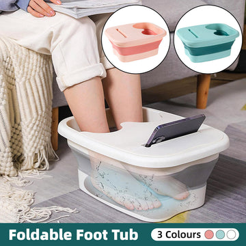 Foldable foot tub being used by a person with inset images of pink and green versions.