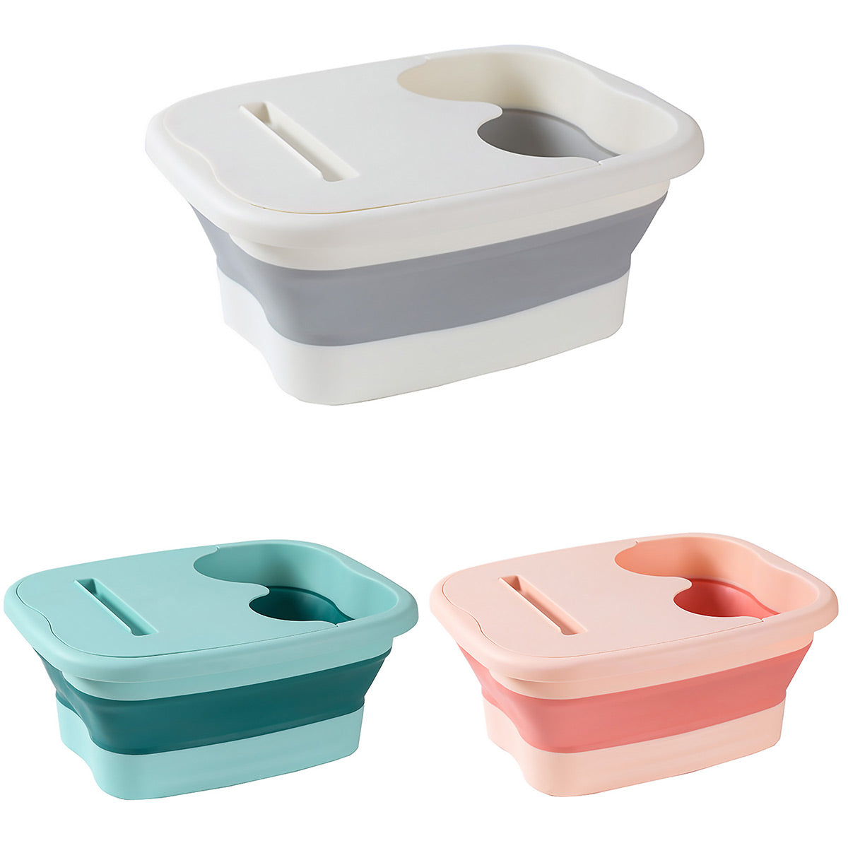 Three collapsible silicone bathtubs in white, blue, and pink on a white background