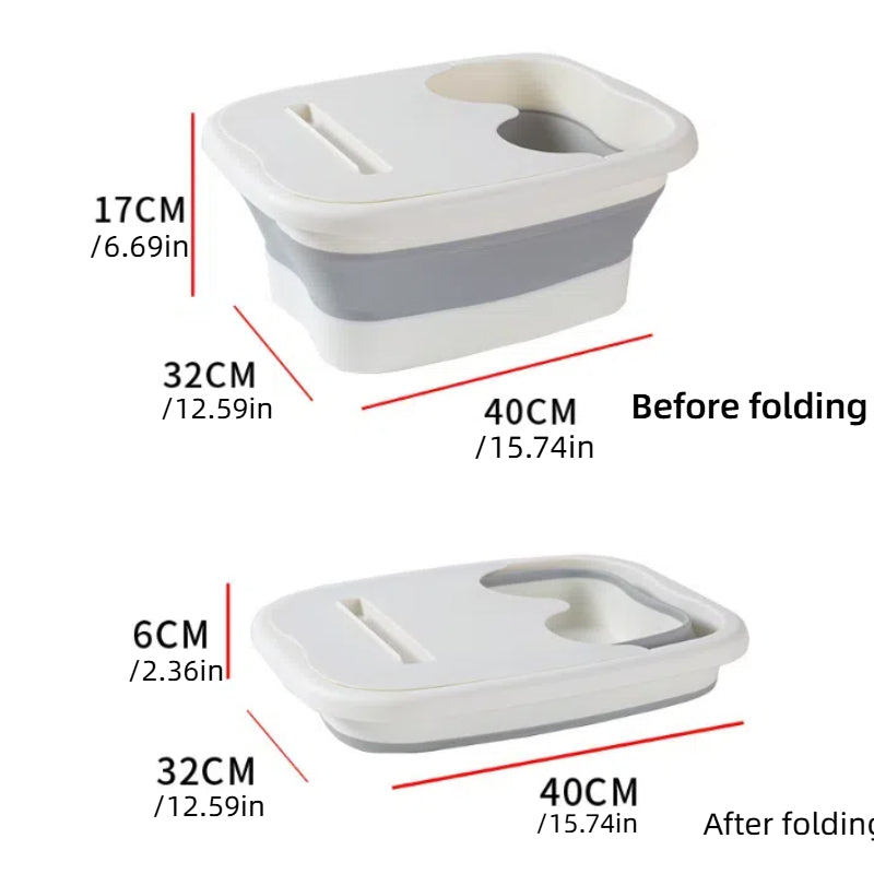 Collapsible container with dimensions shown before and after folding on a white background