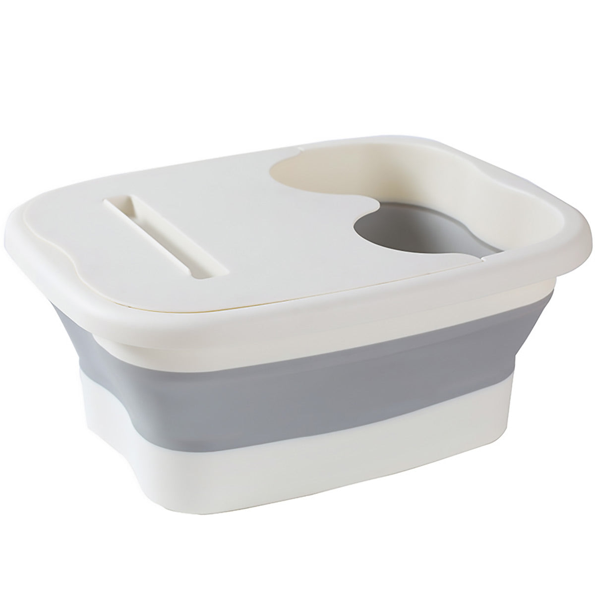 Collapsible plastic container with a white lid and gray body on a white background