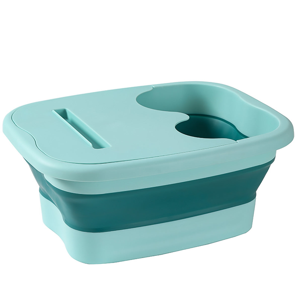 Collapsible teal bath tub on a white background