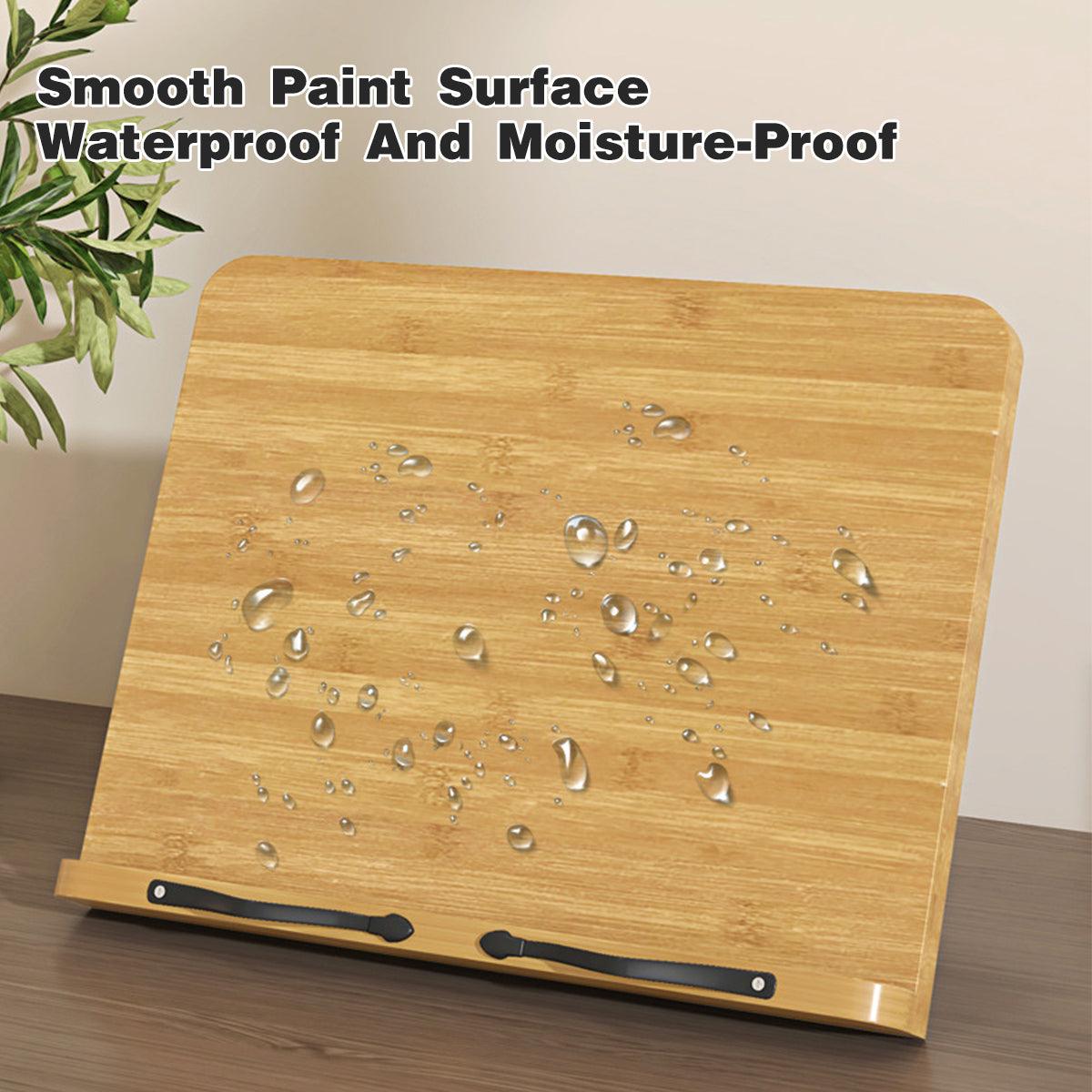 Wooden tray with water droplets demonstrating waterproof and moisture-proof properties, on a wooden surface with a plant in the corner.
