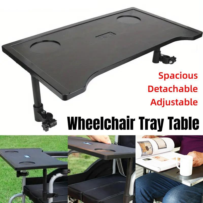 Spacious detachable adjustable wheelchair tray table with text on a white background