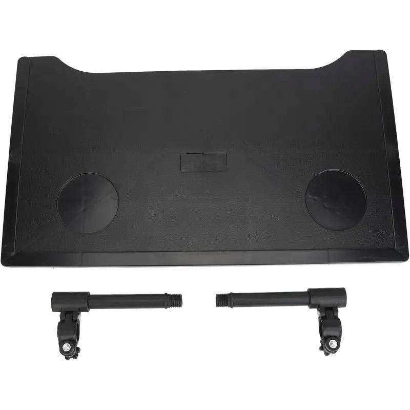 Black car floor mat with two black metal brackets on a white background