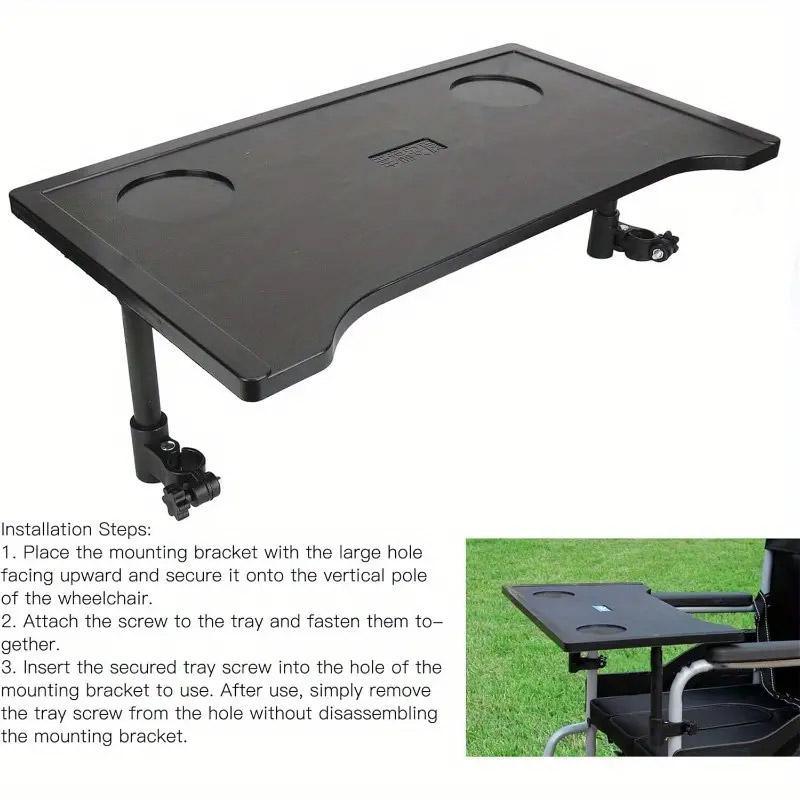 Black tray attachment for a wheelchair with installation steps on a white background