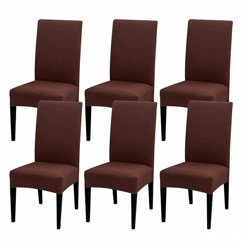 Set of six brown dining chairs on a white background