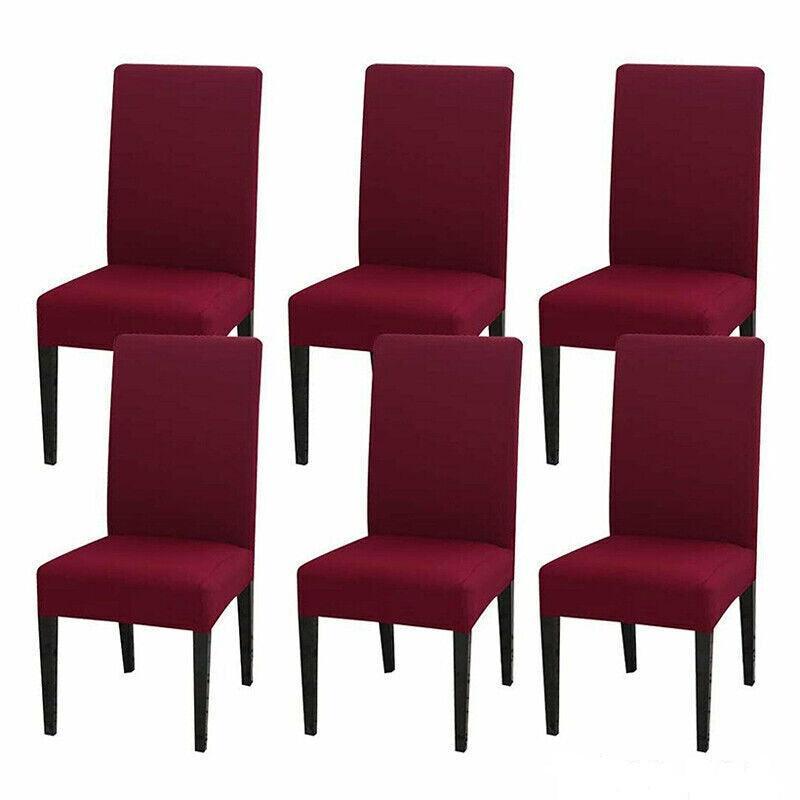 Set of six maroon chairs with black legs on a white background