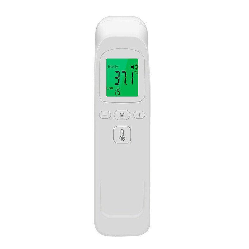Digital thermometer with a green display on a white background
