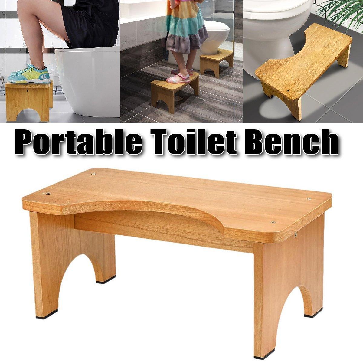 Collage of a wooden portable toilet bench with people using it in various settings.