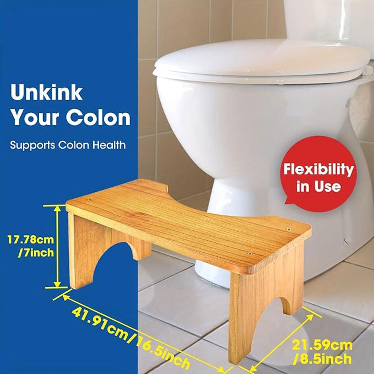 Wooden stool next to a toilet with measurements and text about colon health.