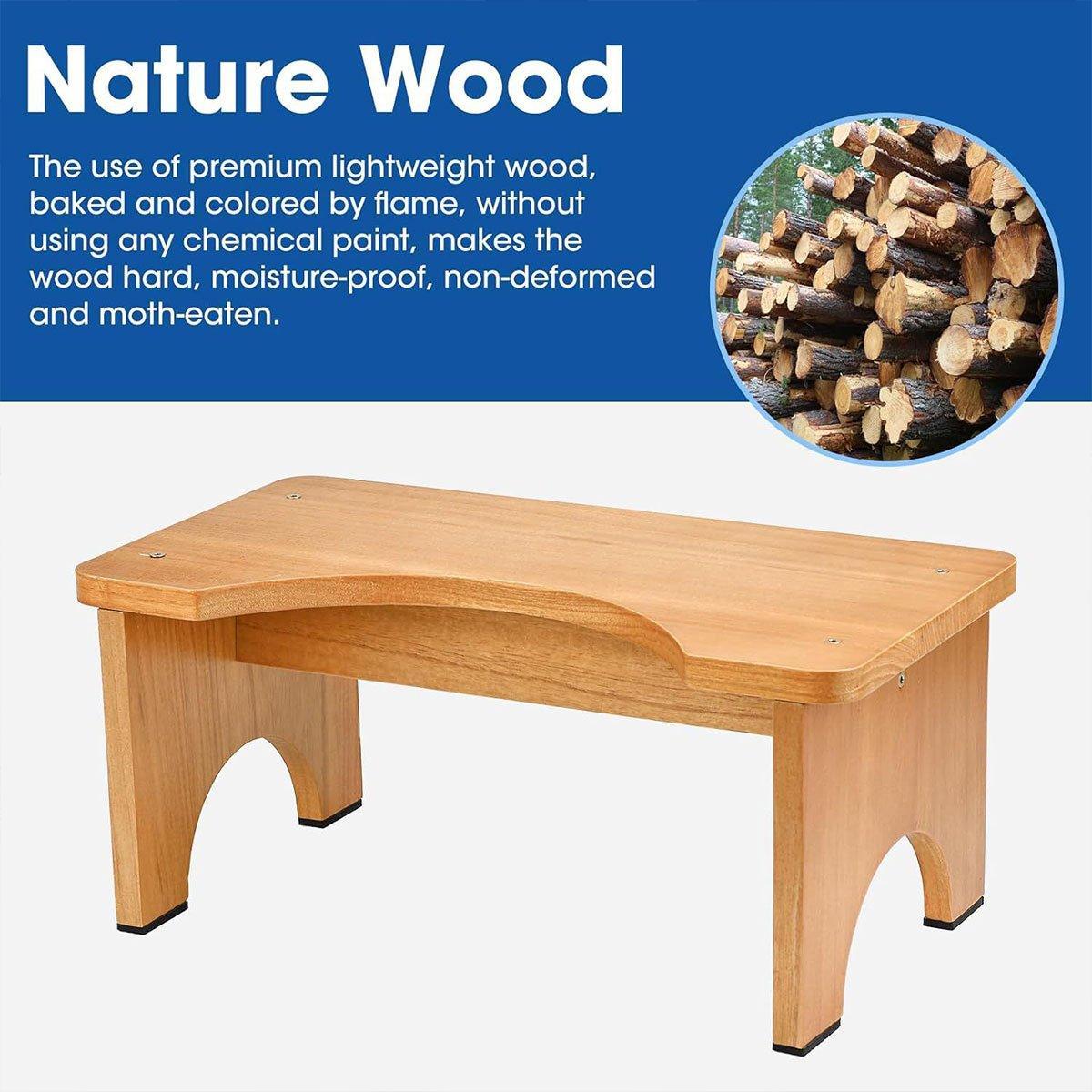 Wooden bench with text about nature wood on a blue background