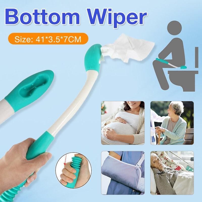 Bottom Wiper with cleaning brush and applicator, shown with various users and text on a light blue background.