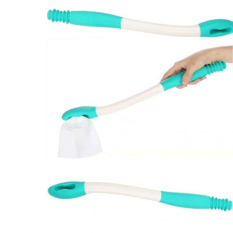 Turquoise and white cleaning tool with a hand holding one end on a white background