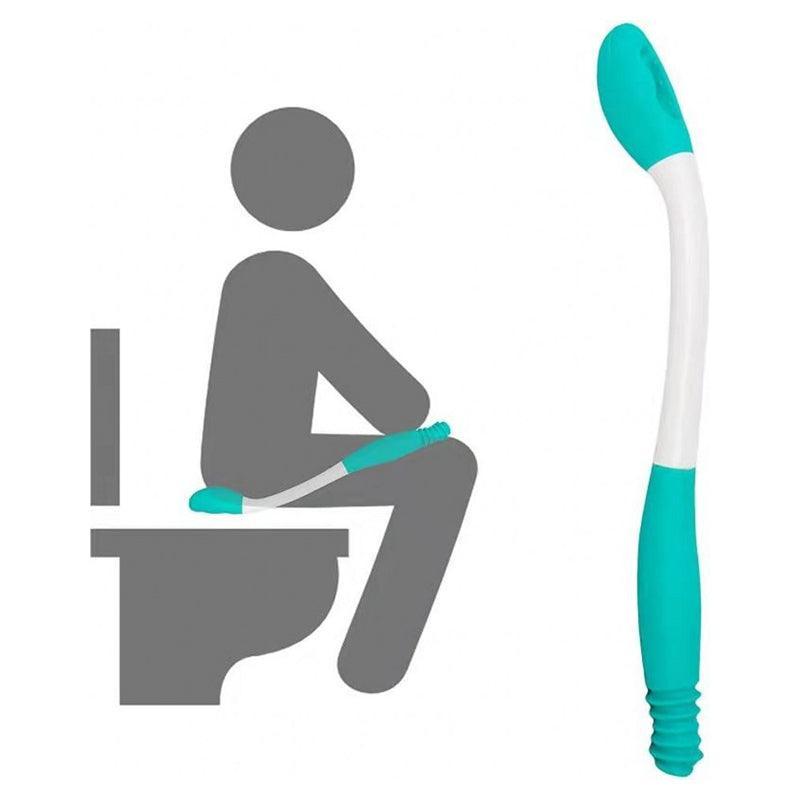 Turquoise and white toilet brush with a person icon on a white background