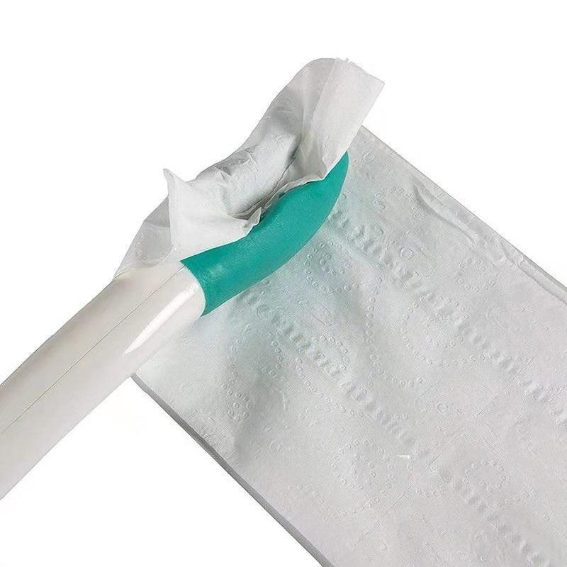 White paper bag with a green and white handle on a white background