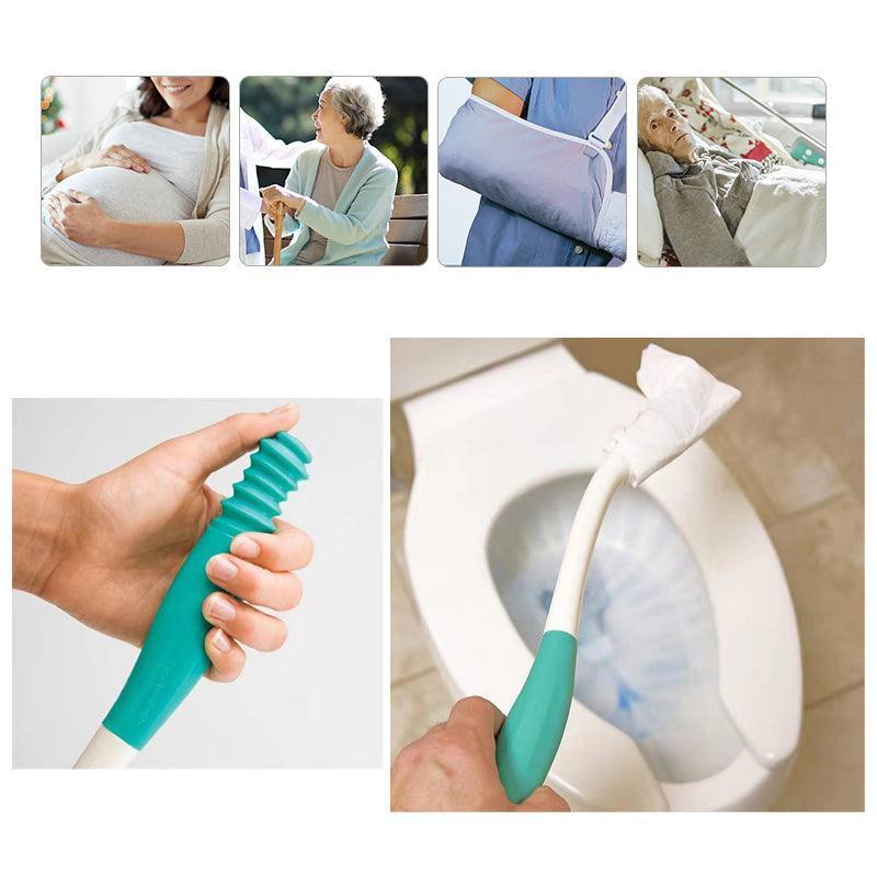 Collage of a hand holding a green cleaning tool, scrubbing a toilet bowl, and people in various settings.