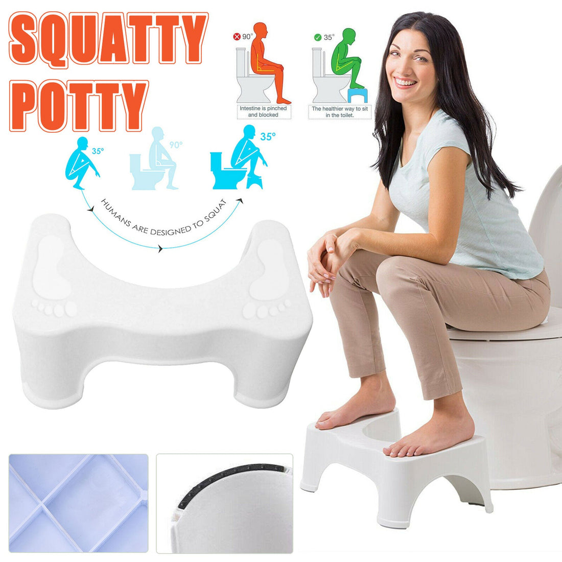 Woman sitting on a white squatty potty with product details and illustrations.