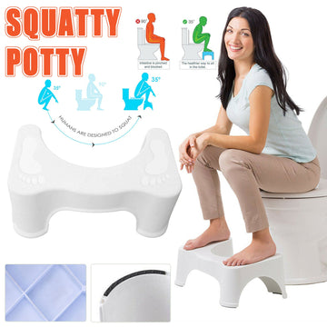 Woman sitting on a white squatty potty with product details and illustrations.