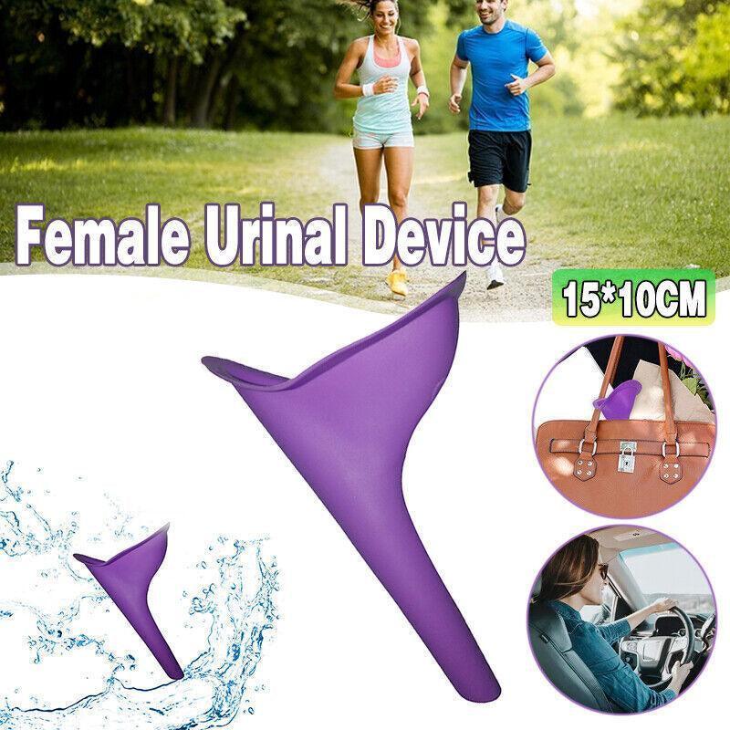 Purple female urinal device with people running in the background