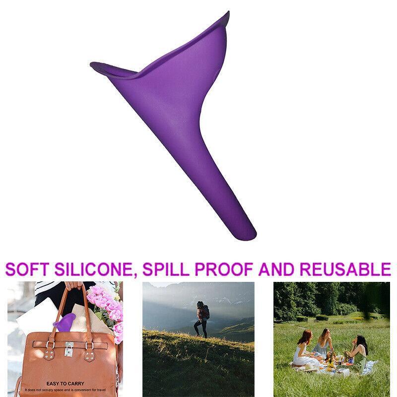 Purple silicone funnel with lifestyle images and text on a white background