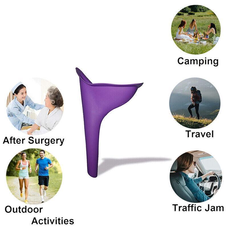 Purple funnel-shaped product with scenarios like camping, travel, after surgery, outdoor activities, and traffic jam on a white background.