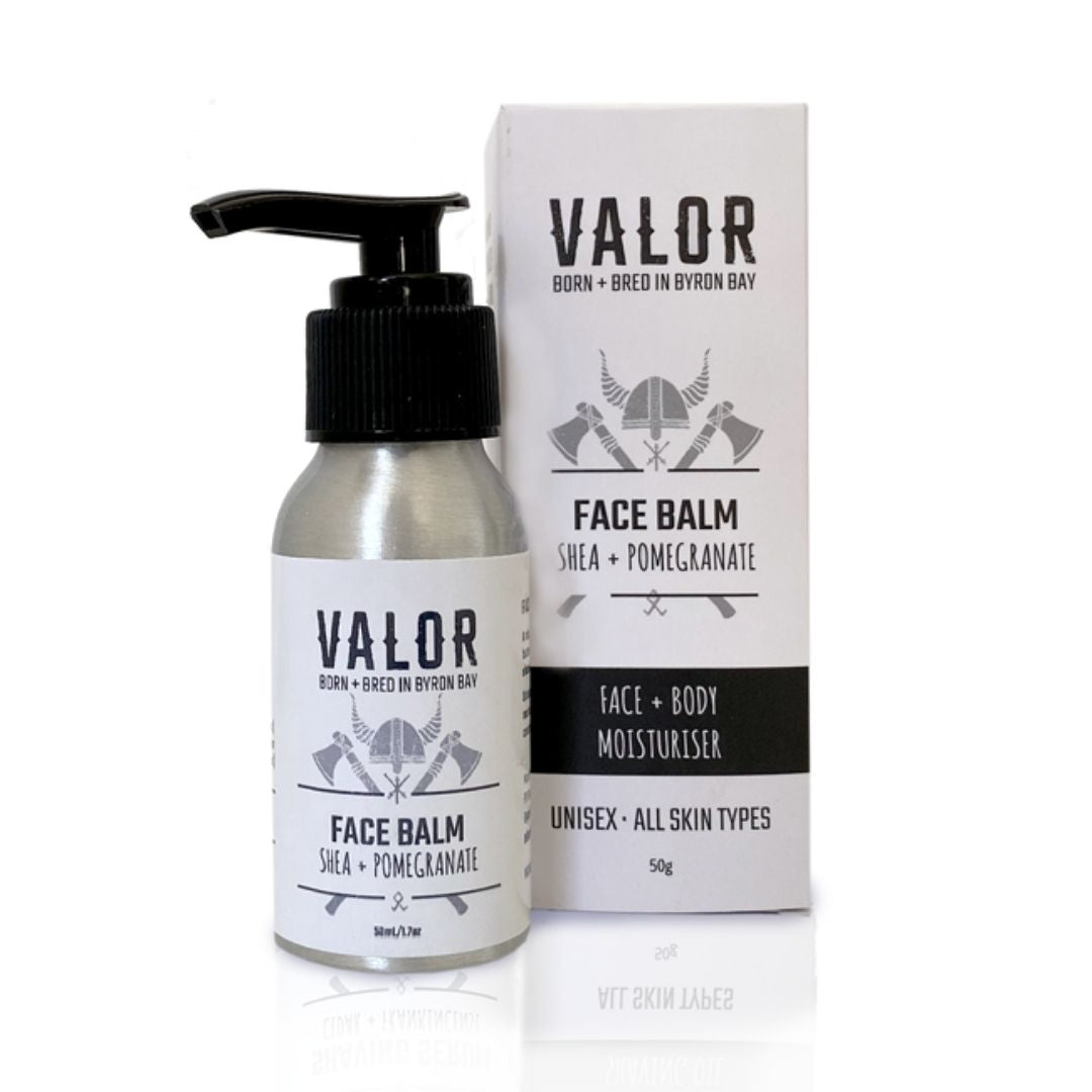 Valor Face Balm bottle and packaging on a white background