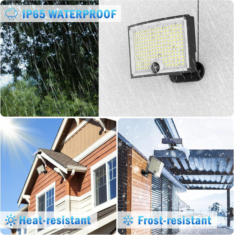 Collage of a waterproof outdoor light with rain, snow, and house background.