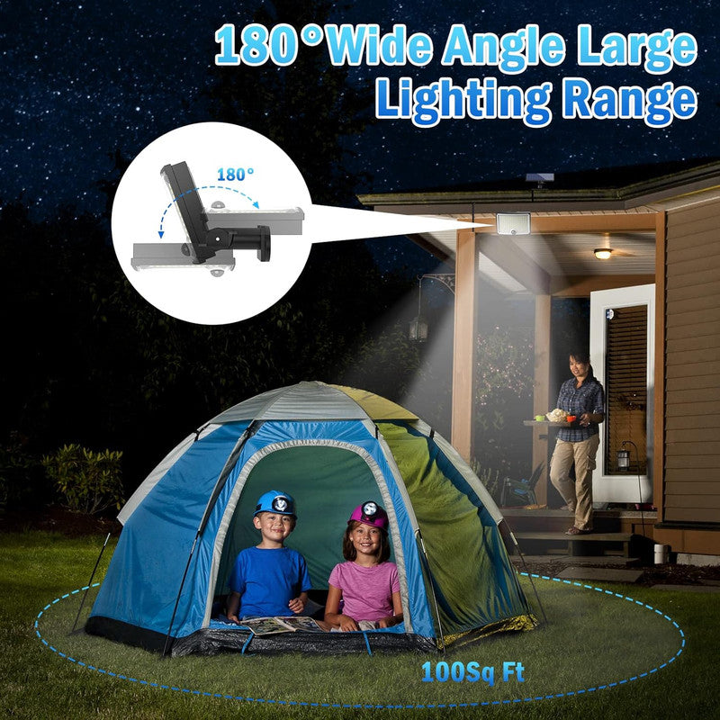 Children in a tent with a projector beam outside a house, highlighting 180-degree wide angle and large lighting range.