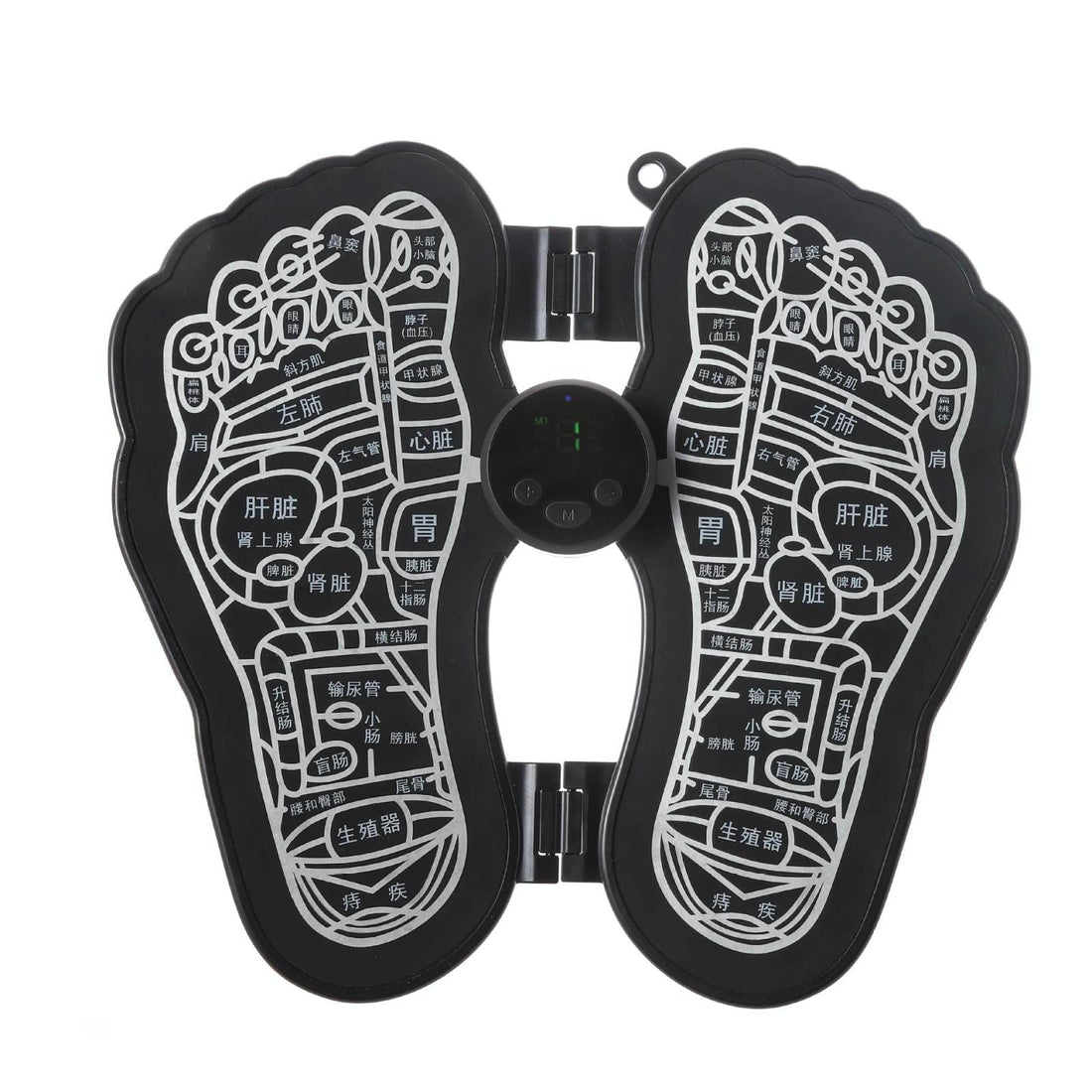 Black foot-shaped device with穴位 (acupoint) diagram on a white background