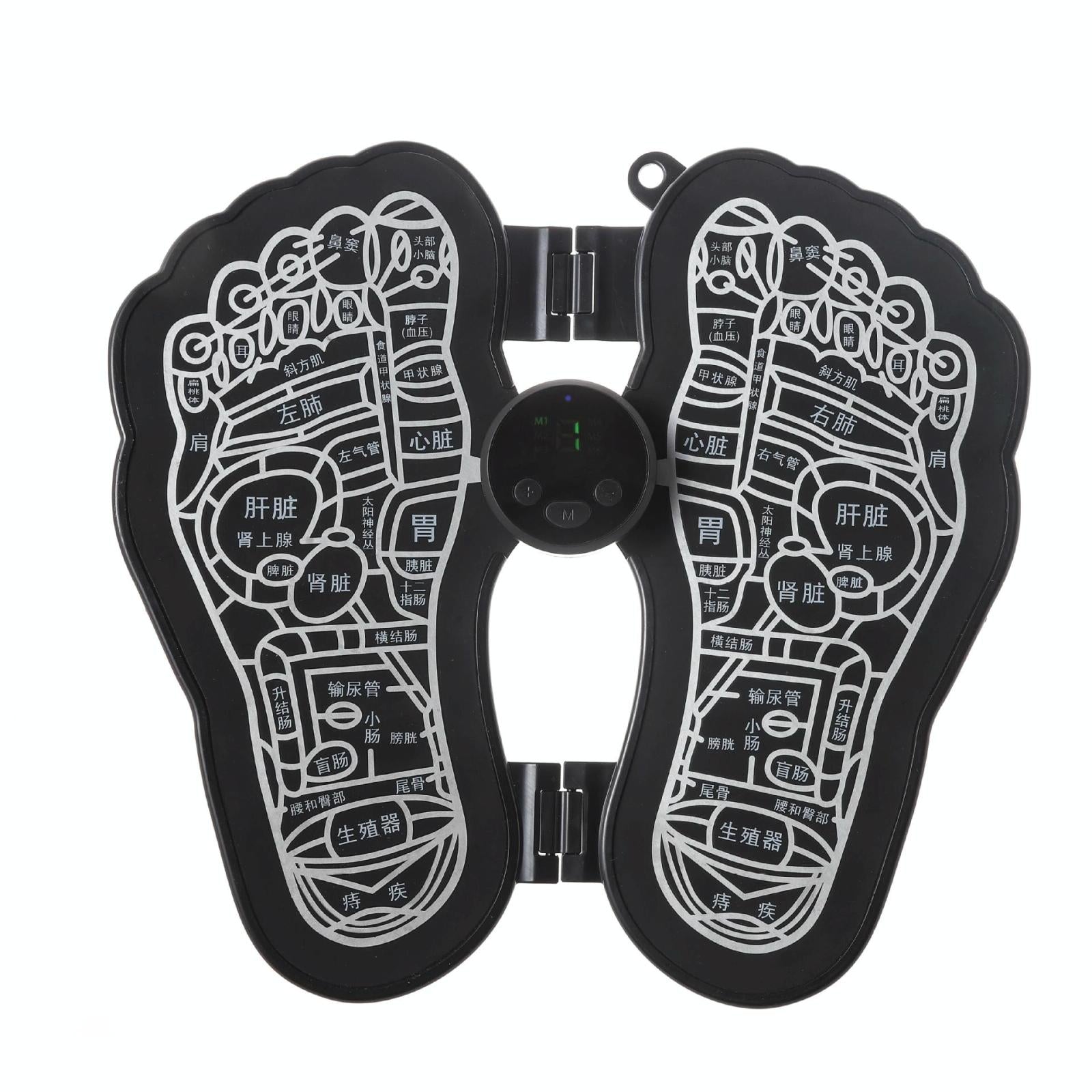 Black foot-shaped device with穴位 (acupoint) diagram on a white background