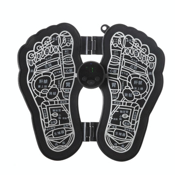 Black foot-shaped device with穴位 (acupoint) diagram on a white background