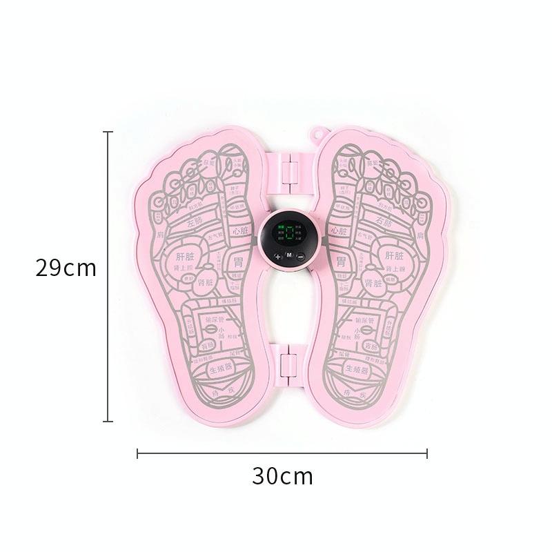 Pink foot massager with digital display and dimensions on a white background